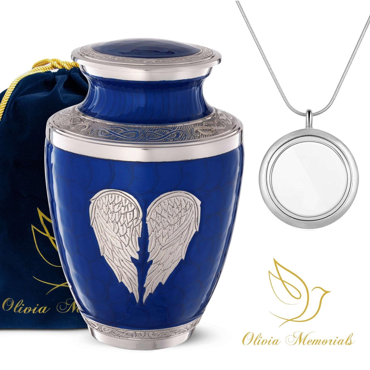 Blue angel wings cremation urn for ashes, adult size, view 7 - Olivia Memorials