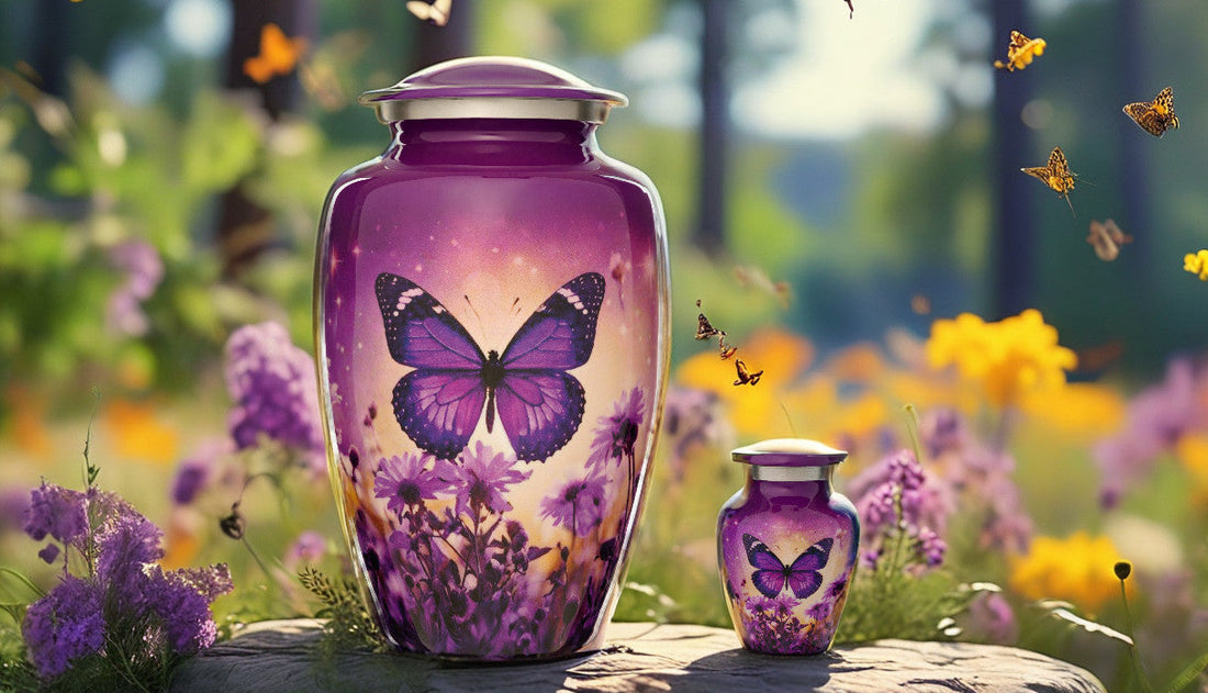 handcrafted urn with butterfly and hummingbird motifs in soft, comforting light on wood