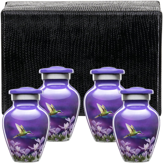 Small Urns for Human Ashes Adult Female - Set of 4 Purple Hummingbird Urns Keepsakes - olivia-memorials