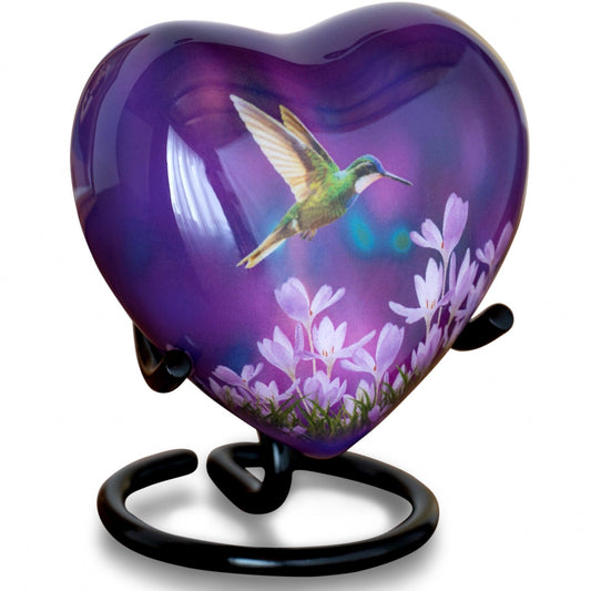 Small Purple Hummingbird Urn - Heart Shape - olivia-memorials