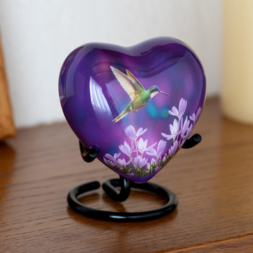 Small Purple Hummingbird Urn - Heart Shape - olivia-memorials