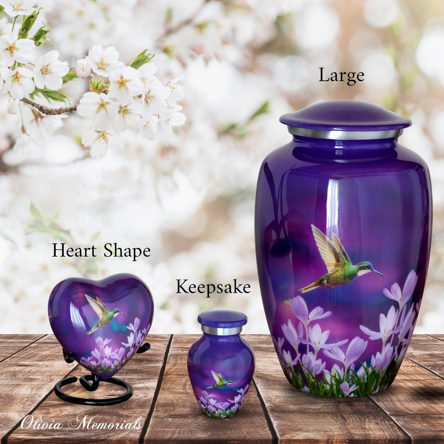 Small Purple Hummingbird Urn - Heart Shape - olivia-memorials