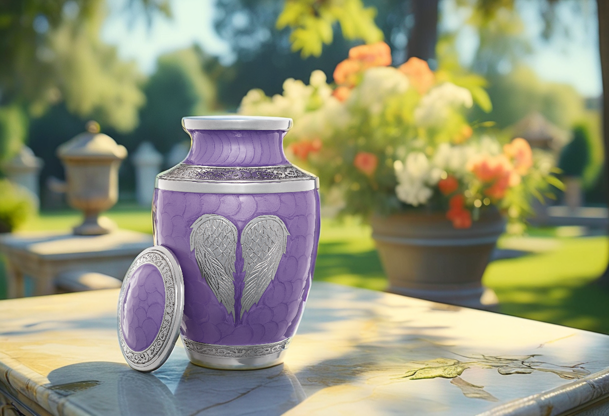 Blue angel wings cremation urn for ashes, adult size, view 3 - Olivia Memorials