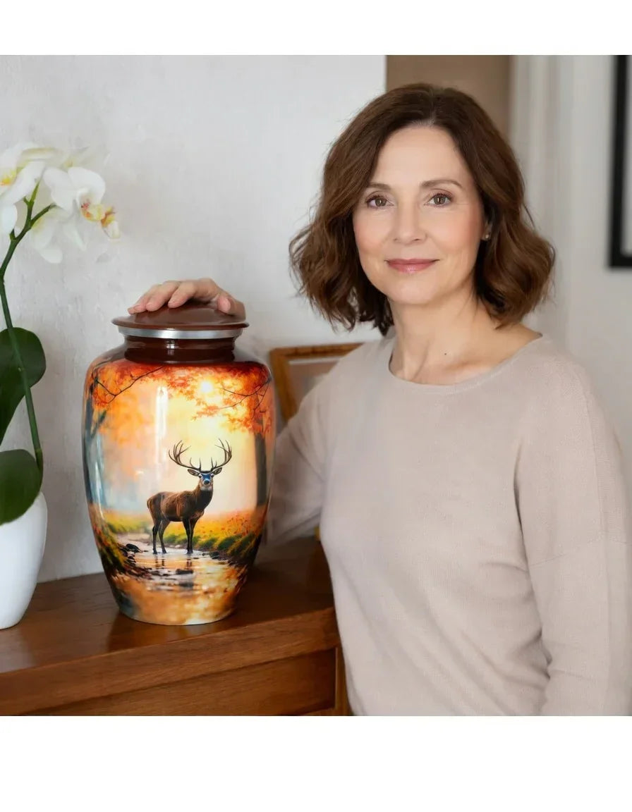Woman holding a decorative urn with a deer design on a wooden surface.
