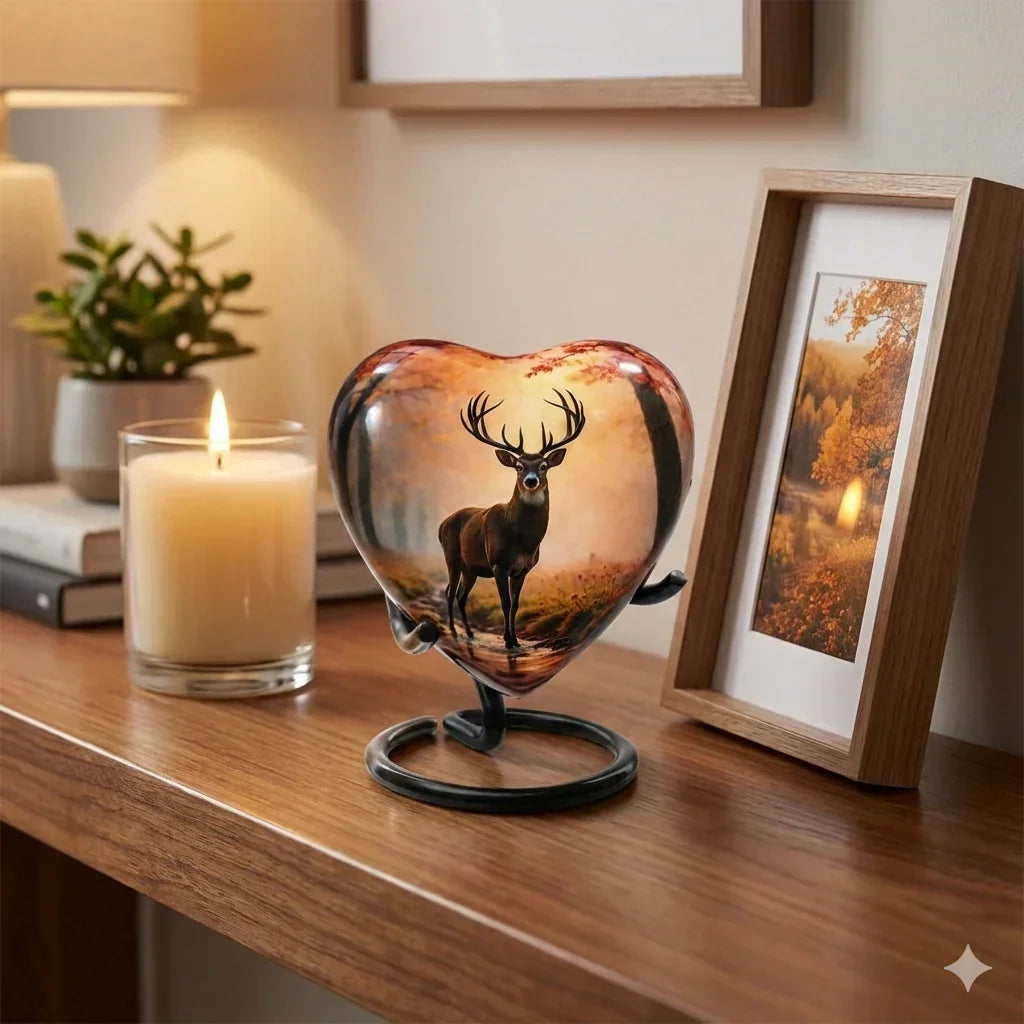 Heart-shaped glass ornament with deer design on a wooden surface next to a candle and framed picture.