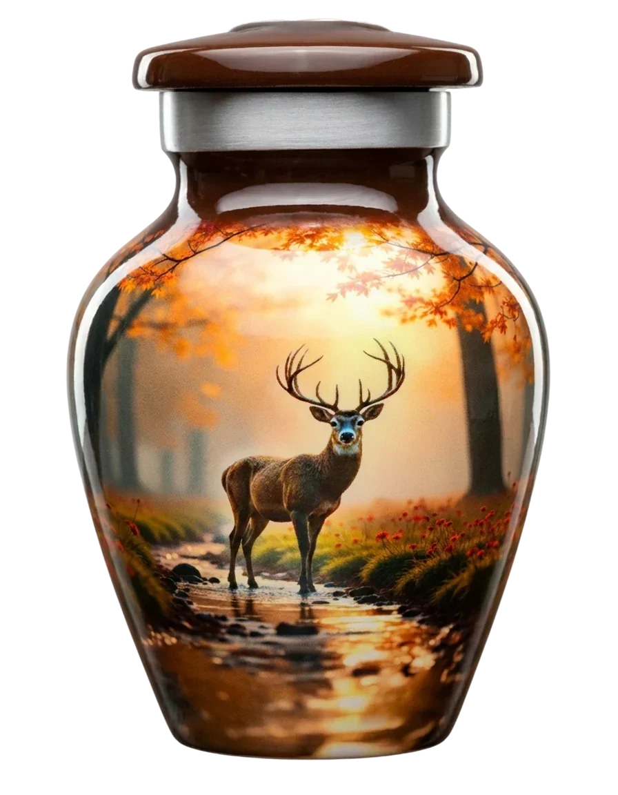 Decorative urn with a deer design on a white background