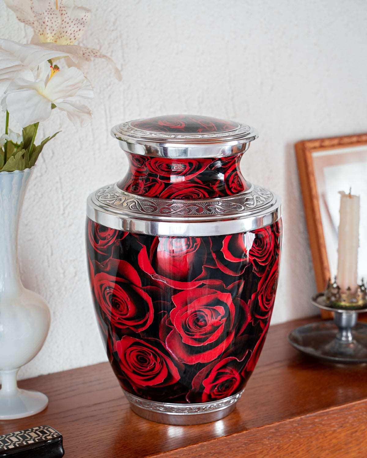 red urn crimson roses for ashes for adults